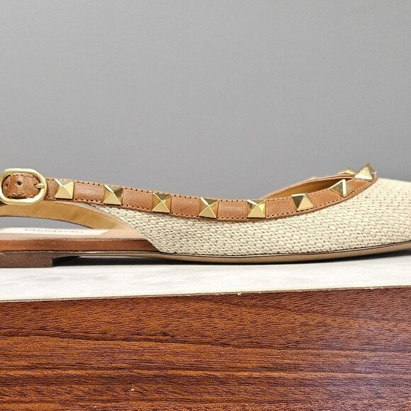 Valentino Garavani White and Brown Studded Flats - Picture 4 of 5